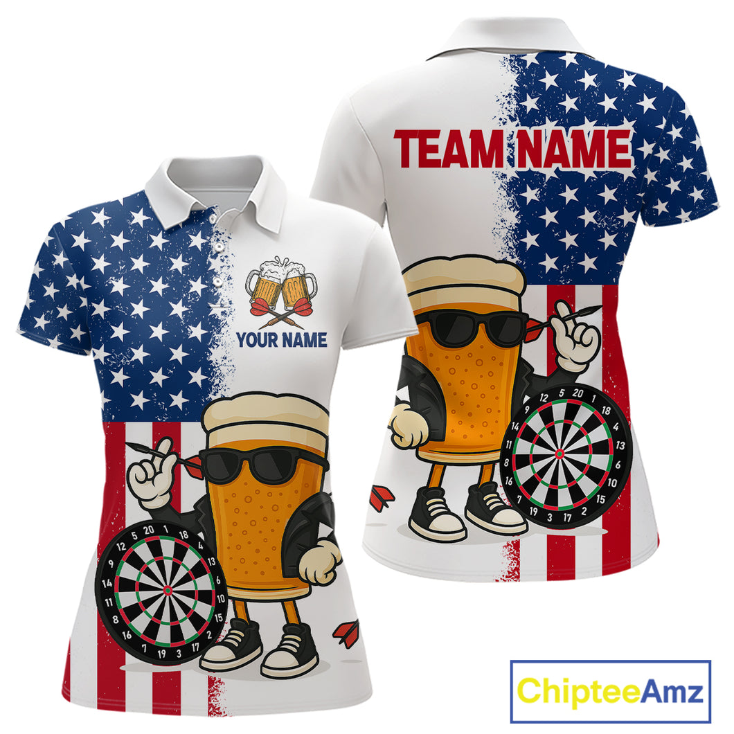 Funny Beer American Flag Dart Shirts For Women Custom Patriotic Darts Team Jerseys Polo & 1/4 Zip TDM4177