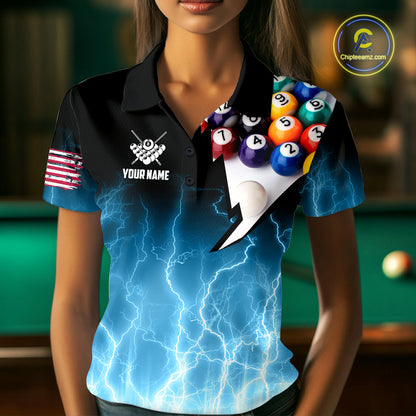 Blue Billiard Jersey For Women Custom Thunder Lightning 3D Pool Balls Team Jersey Polo & 1/4 Zip TDM4561