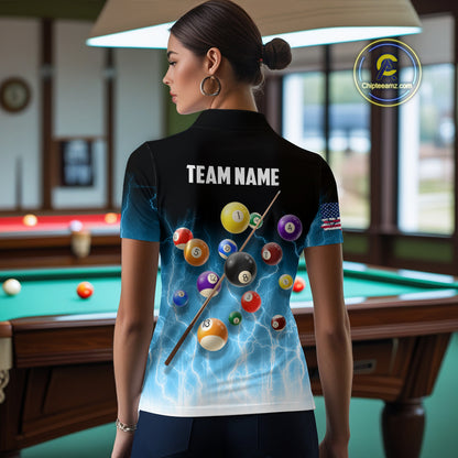 Blue Billiard Jersey For Women Custom Thunder Lightning 3D Pool Balls Team Jersey Polo & 1/4 Zip TDM4561
