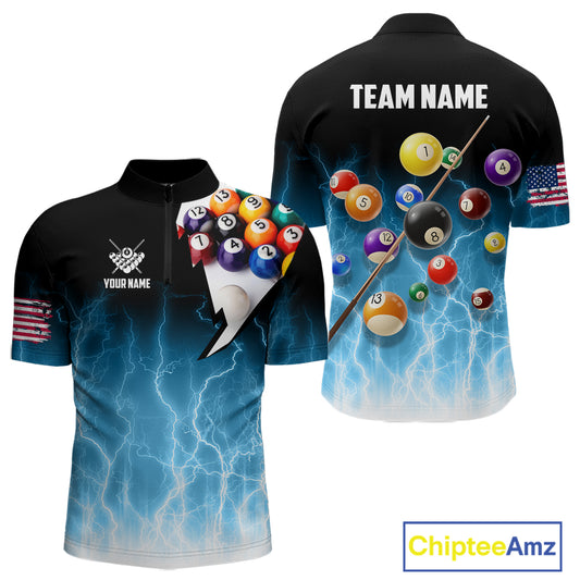 Blue Billiard Jersey For Men Custom Thunder Lightning 3D Pool Balls Team Jersey Polo & 1/4 Zip TDM4561