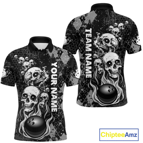 Black Grey Grunge Argyle Skull Bowling Shirt For Men Custom Bowling Team Jersey Polo & 1/4 Zip TDM4773