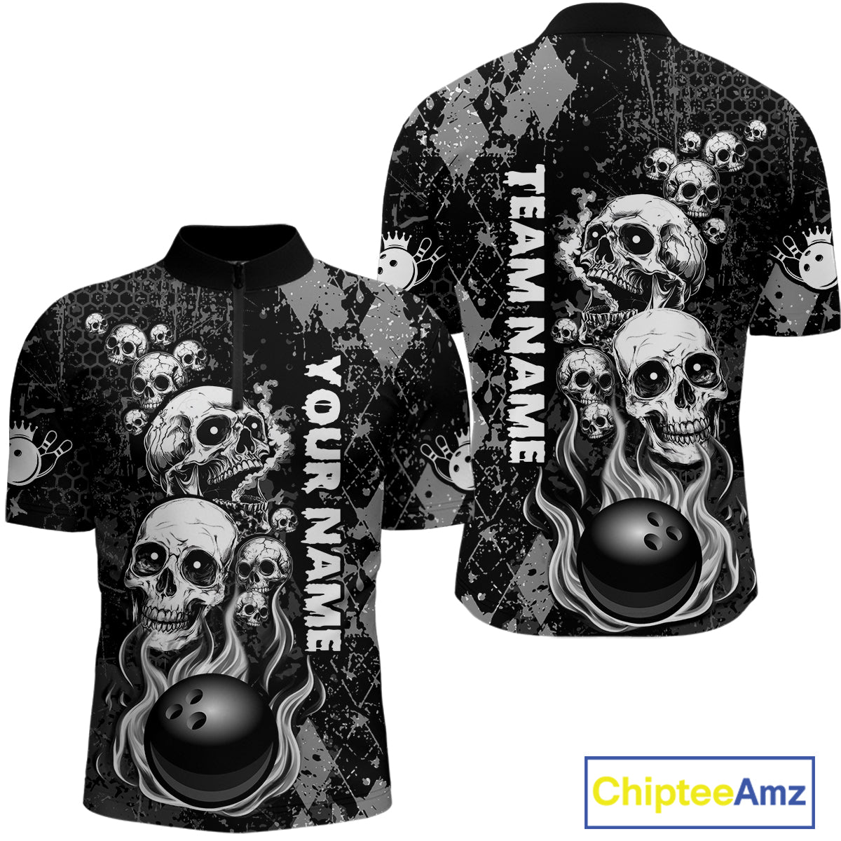 Black Grey Grunge Argyle Skull Bowling Shirt For Men Custom Bowling Team Jersey Polo & 1/4 Zip TDM4773