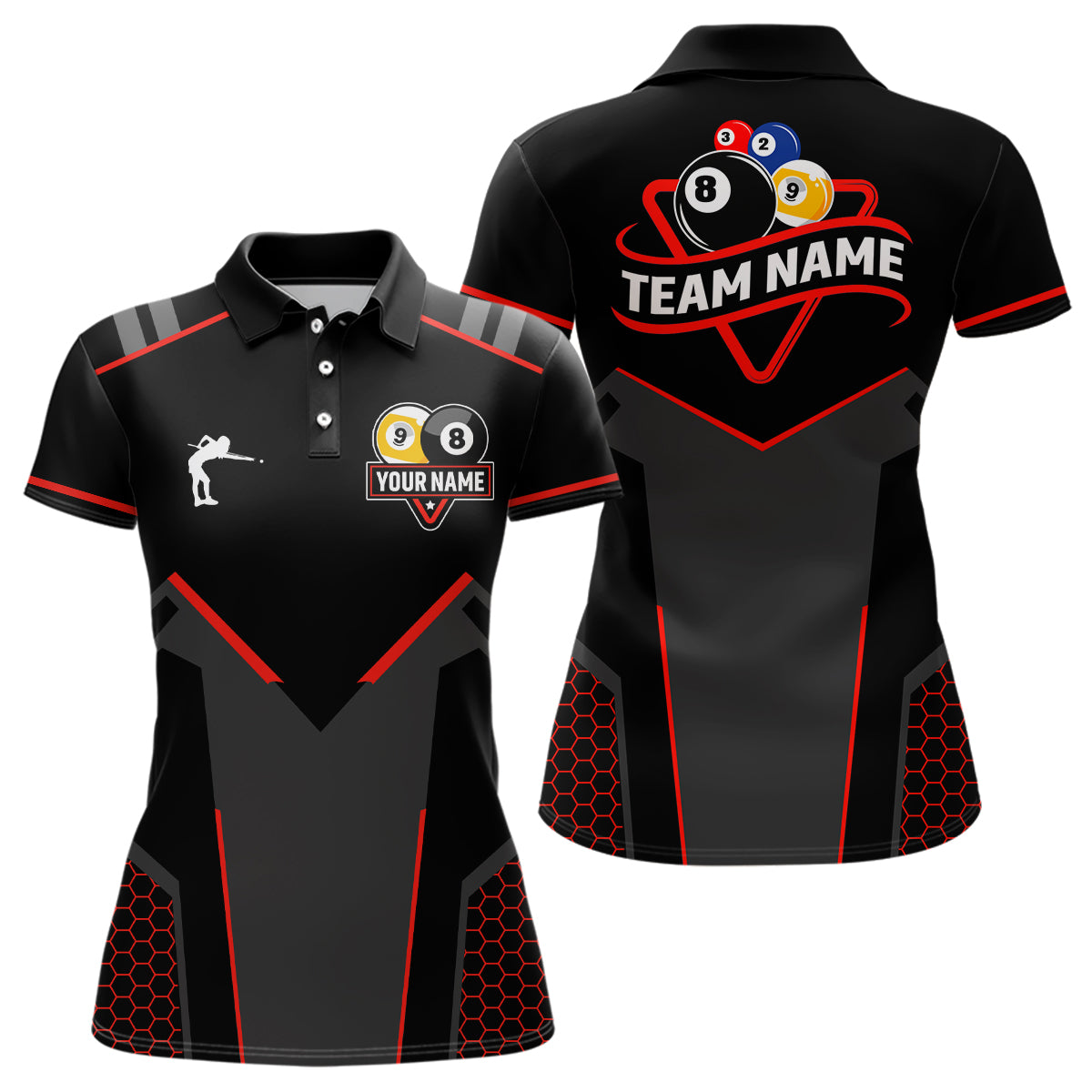 Personalized Billiard 8 Ball & 9 Ball Pool Polo, 1/4 Zip For Women Custom Team Billiard Jerseys |Red TDM3547