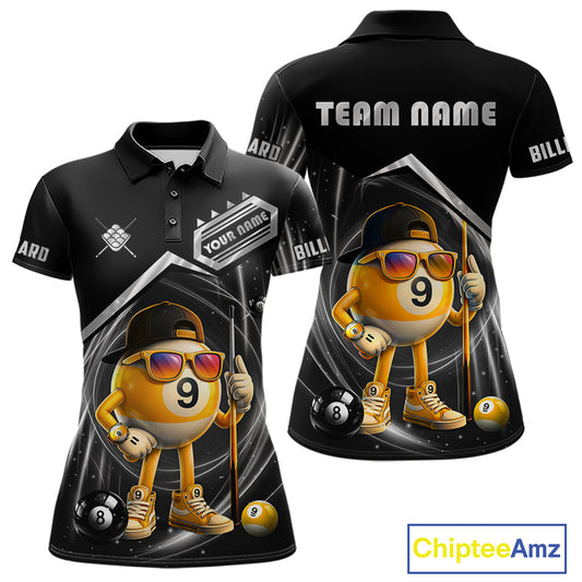 Funny silver 9 ball pool billiard team jersey polo shirt for women featuring a humorous 9 ball design, premium custom pool team apparel and billiard league jersey for tournaments, league play and everyday competition.