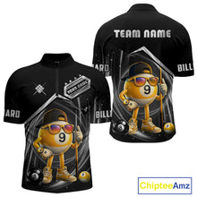 Load image into Gallery viewer, Funny silver 9 ball pool billiard team jersey quarter zip shirt for men featuring a playful 9 ball graphic, premium custom billiard league apparel for competitive players.