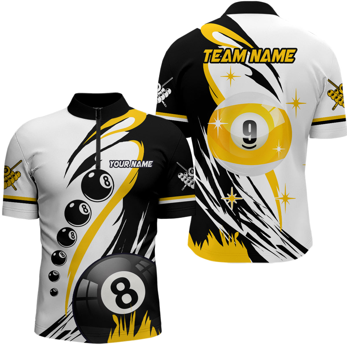 Billiard 8 Ball & 9 Ball Men Quarter-Zip Shirts Custom Team Name Billiard Attire Jerseys TDM1229