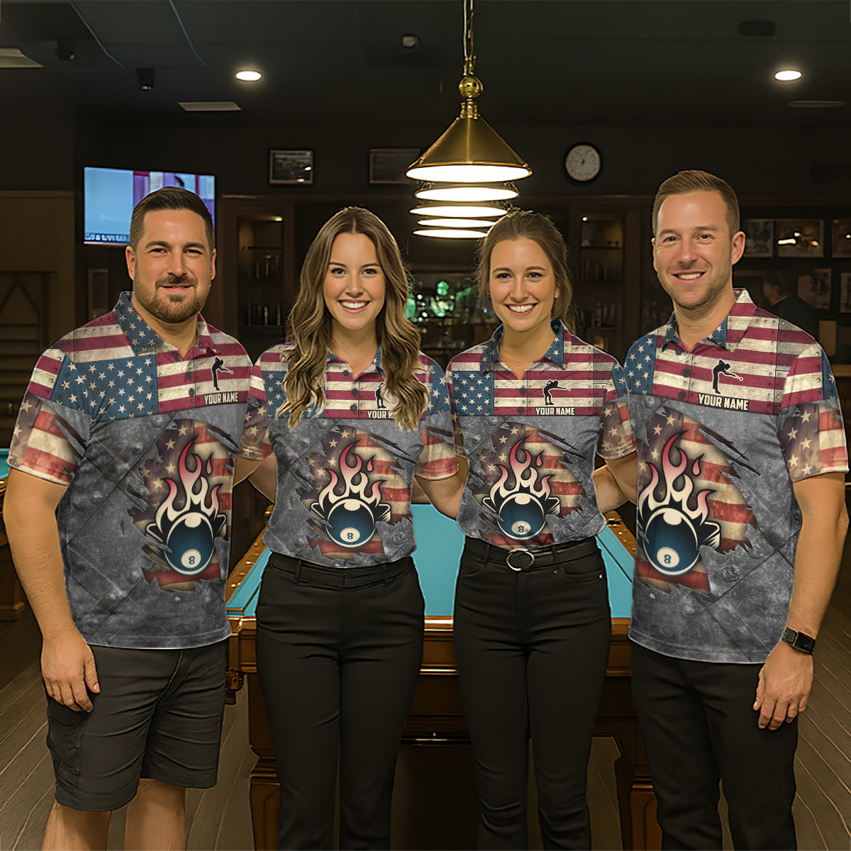 Billiards Vintage US Flag Custom Flame 8 Ball Pool Polo & 1/4 Zip For Men, Billiard Team Jersey TDM6075