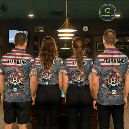 Billiards Vintage US Flag Custom Flame 8 Ball Pool Polo & 1/4 Zip For Men, Billiard Team Jersey TDM6075