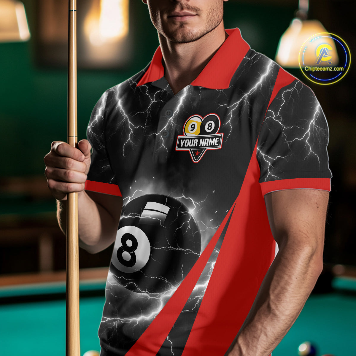 Black And Red 8 Ball 9 Ball Lightning Billiard Shirt For Men Custom Pool Team Jersey Polo, 1/4 Zip TDM6323
