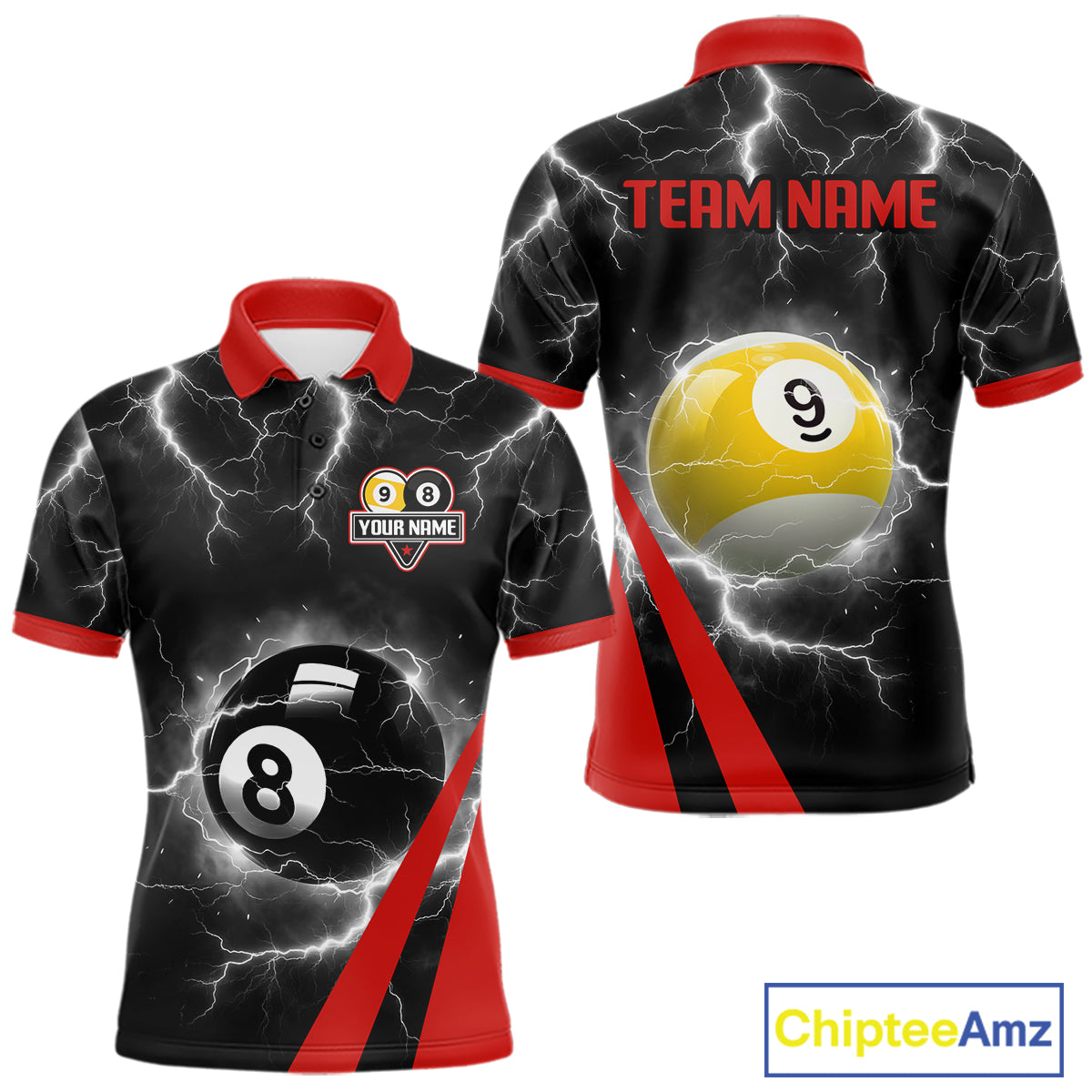 Black And Red 8 Ball 9 Ball Lightning Billiard Shirt For Men Custom Pool Team Jersey Polo, 1/4 Zip TDM6323