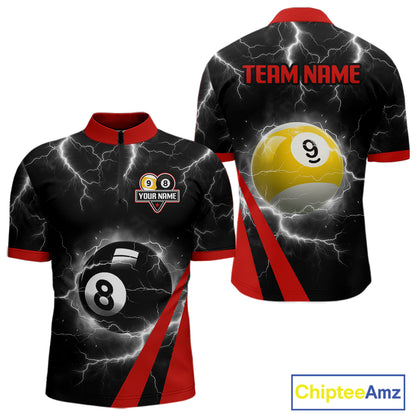 Black And Red 8 Ball 9 Ball Lightning Billiard Shirt For Men Custom Pool Team Jersey Polo, 1/4 Zip TDM6323