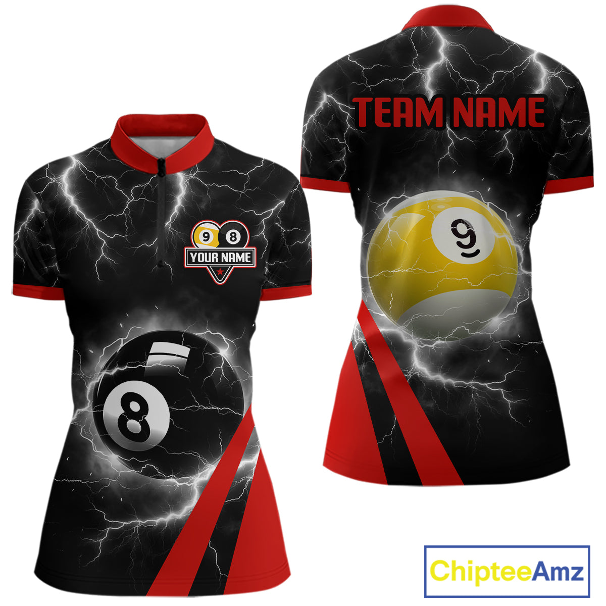 Black And Red 8 Ball 9 Ball Lightning Billiard Shirt For Women Custom Pool Team Jersey Polo, 1/4 Zip TDM6323