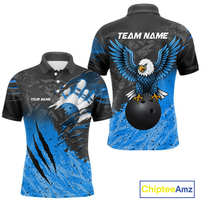 Personalized black and blue eagle bowling team jersey polo shirt for men featuring a powerful eagle design, premium custom bowling league apparel for tournaments, league nights and competitive bowling teams.