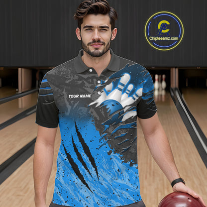 Man wearing personalized black and blue eagle bowling team jersey polo shirt featuring black and blue eagle artwork, front view.