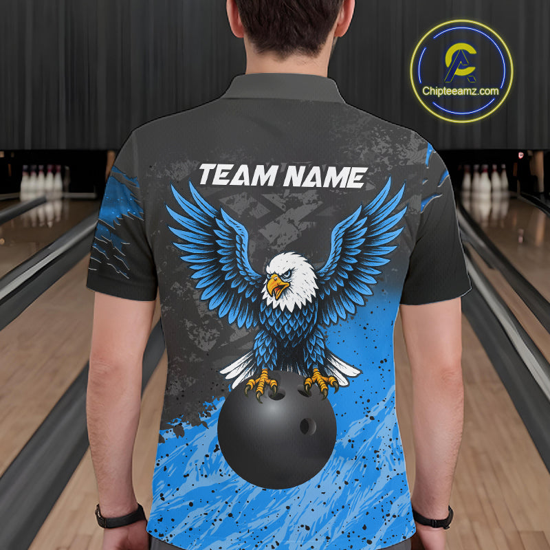 Man wearing personalized black and blue eagle bowling team jersey polo shirt featuring black and blue eagle artwork, back view.