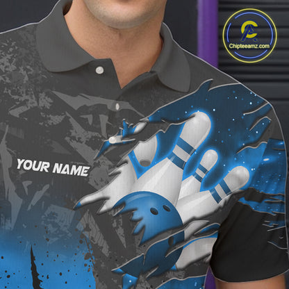 Close-up of the personalized black and blue eagle bowling team jersey polo shirt showing the collar, buttons, premium performance fabric and detailed black and blue eagle graphics.