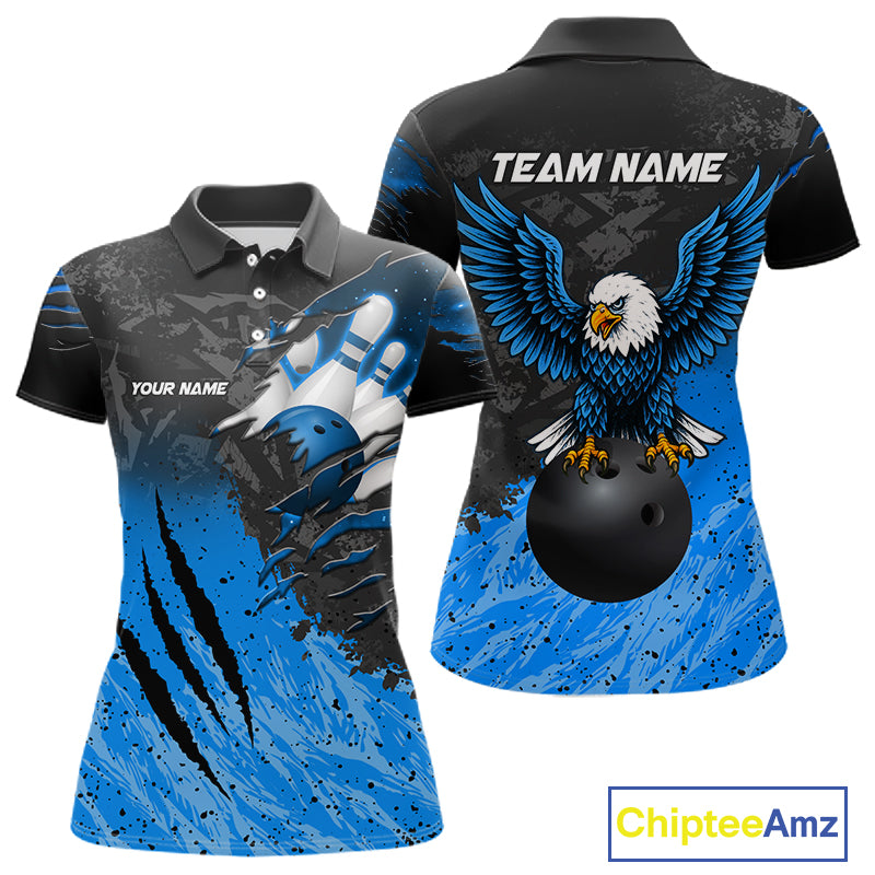 Personalized black and blue eagle bowling team jersey polo shirt for women featuring a powerful eagle design, premium custom bowling league apparel for tournaments, league nights and competitive bowling teams.