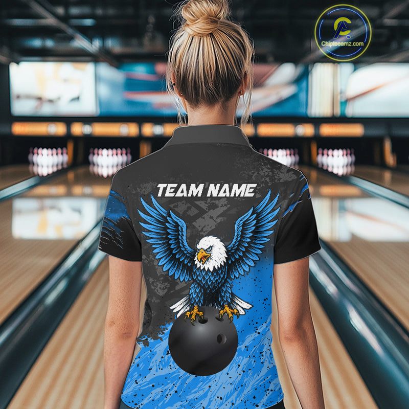 Woman wearing personalized black and blue eagle bowling team jersey quarter zip shirt featuring black and blue eagle artwork, front view.