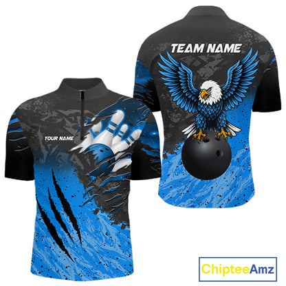 Personalized black and blue eagle bowling team jersey quarter zip shirt for men featuring detailed eagle artwork, premium custom bowling league apparel for tournament and league competition.