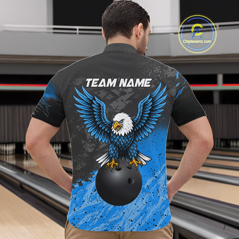 Man wearing personalized black and blue eagle bowling team jersey quarter zip shirt featuring black and blue eagle artwork, back view.