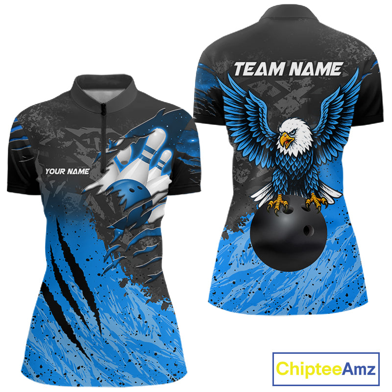 Personalized black and blue eagle bowling team jersey quarter zip shirt for women featuring detailed eagle artwork, premium custom bowling league apparel for tournament and league competition.