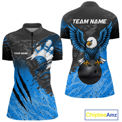 Personalized black and blue eagle bowling team jersey quarter zip shirt for women featuring detailed eagle artwork, premium custom bowling league apparel for tournament and league competition.
