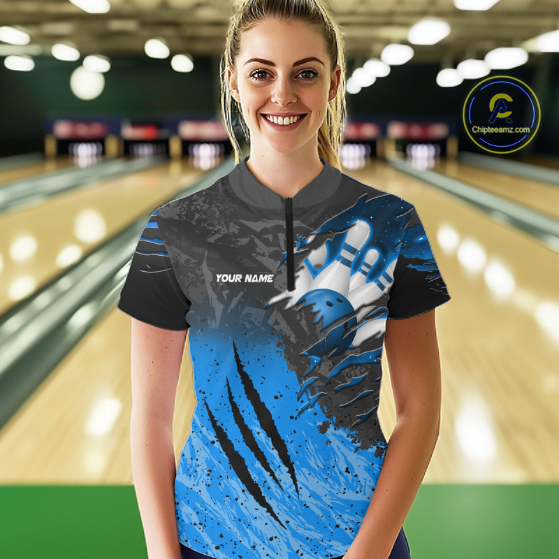 Woman wearing personalized black and blue eagle bowling team jersey polo shirt featuring black and blue eagle artwork, back view.