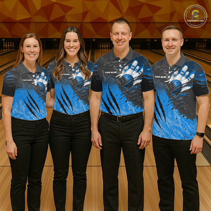 Bowling team wearing matching personalized black and blue eagle bowling team jerseys featuring premium eagle graphics, front view.