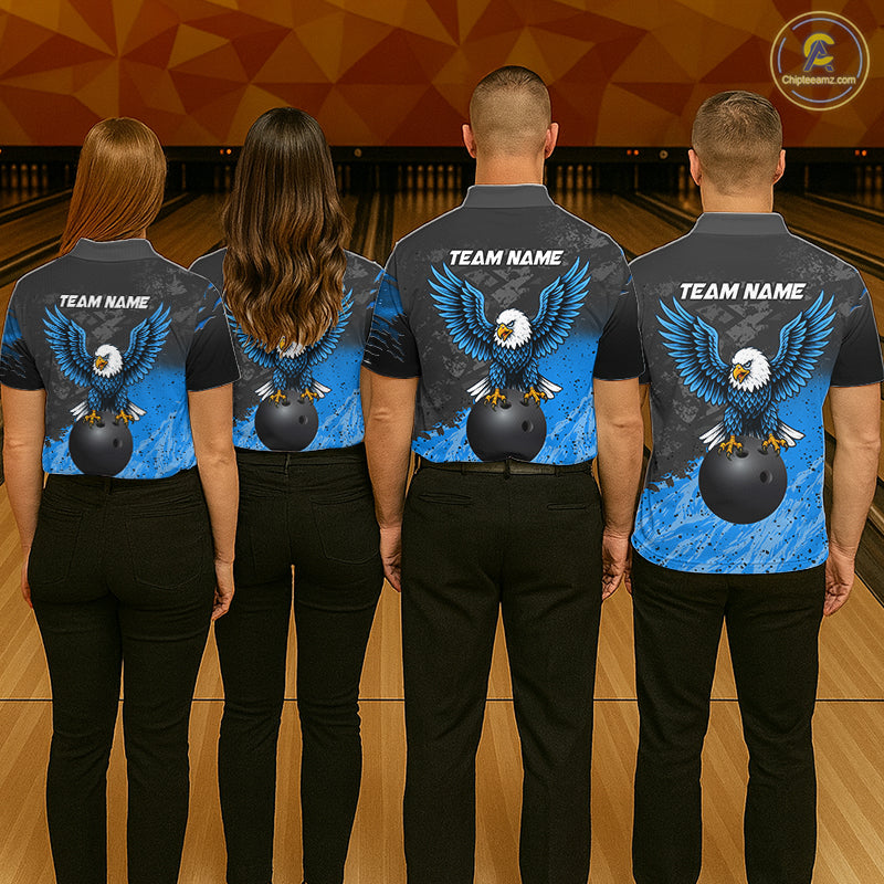 Bowling team wearing matching personalized black and blue eagle bowling team jerseys featuring premium eagle graphics, back view.