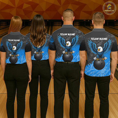 Bowling team wearing matching personalized black and blue eagle bowling team jerseys featuring premium eagle graphics, back view.