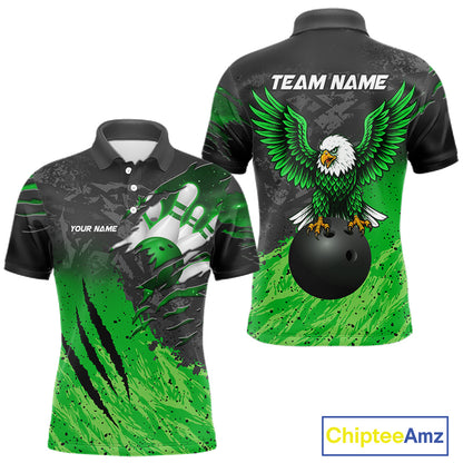 Personalized black and green eagle bowling team jersey polo shirt for men featuring a fierce eagle design, premium custom bowling league apparel for tournaments, league play and competitive bowling teams.