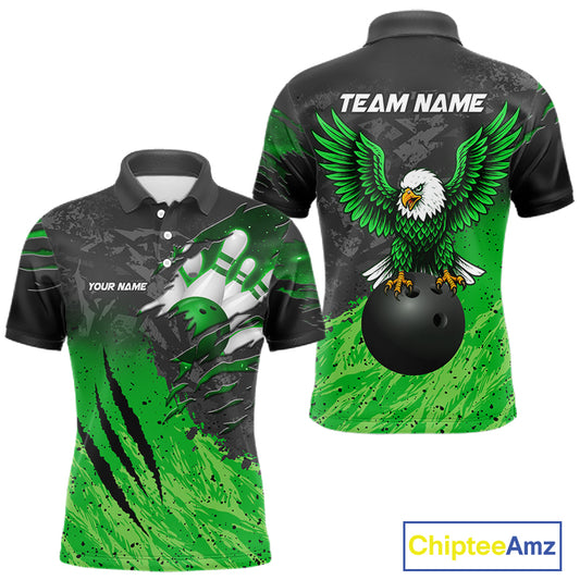 Personalized black and green eagle bowling team jersey polo shirt for men featuring a fierce eagle design, premium custom bowling league apparel for tournaments, league play and competitive bowling teams.