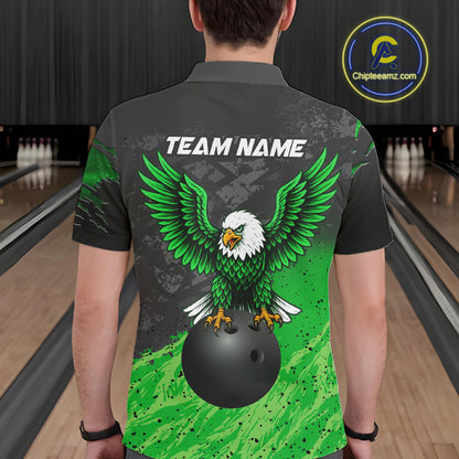 Close-up of the personalized black and green eagle bowling team jersey polo shirt showing the collar, buttons, premium performance fabric and detailed black and green eagle graphics.