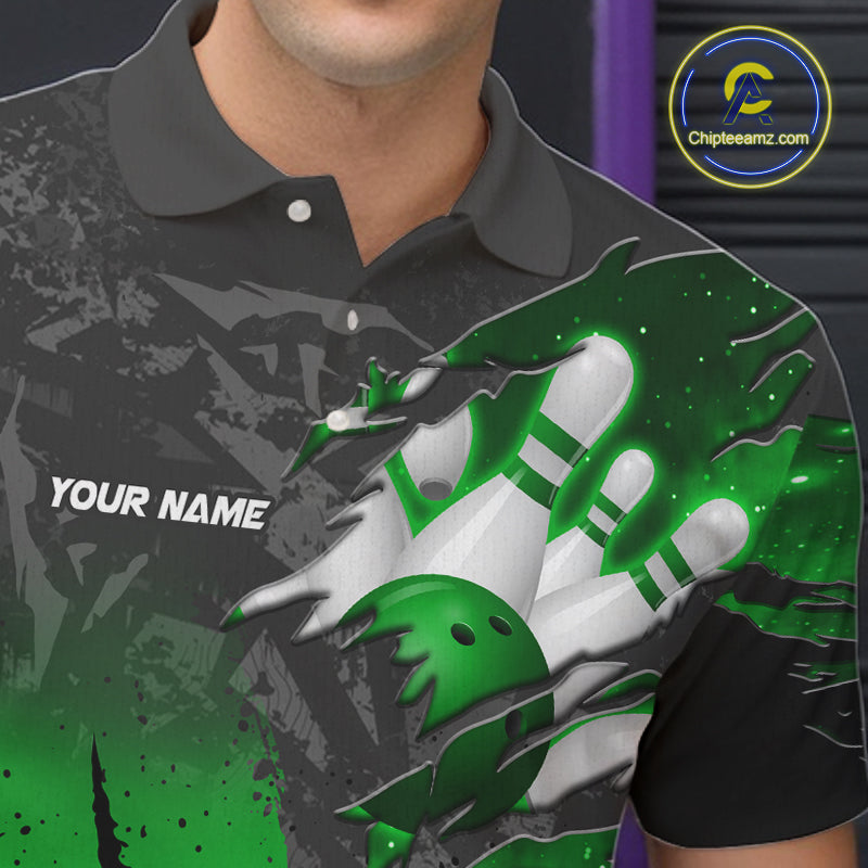 Man wearing personalized black and green eagle bowling team jersey polo shirt featuring black and green eagle artwork, front view.