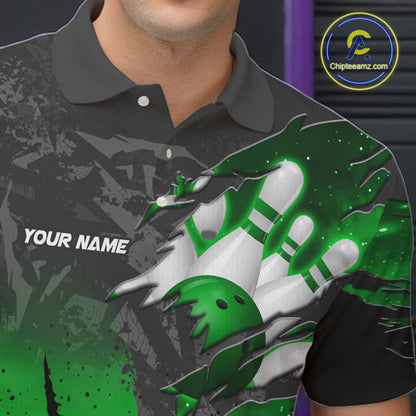 Man wearing personalized black and green eagle bowling team jersey polo shirt featuring black and green eagle artwork, front view.