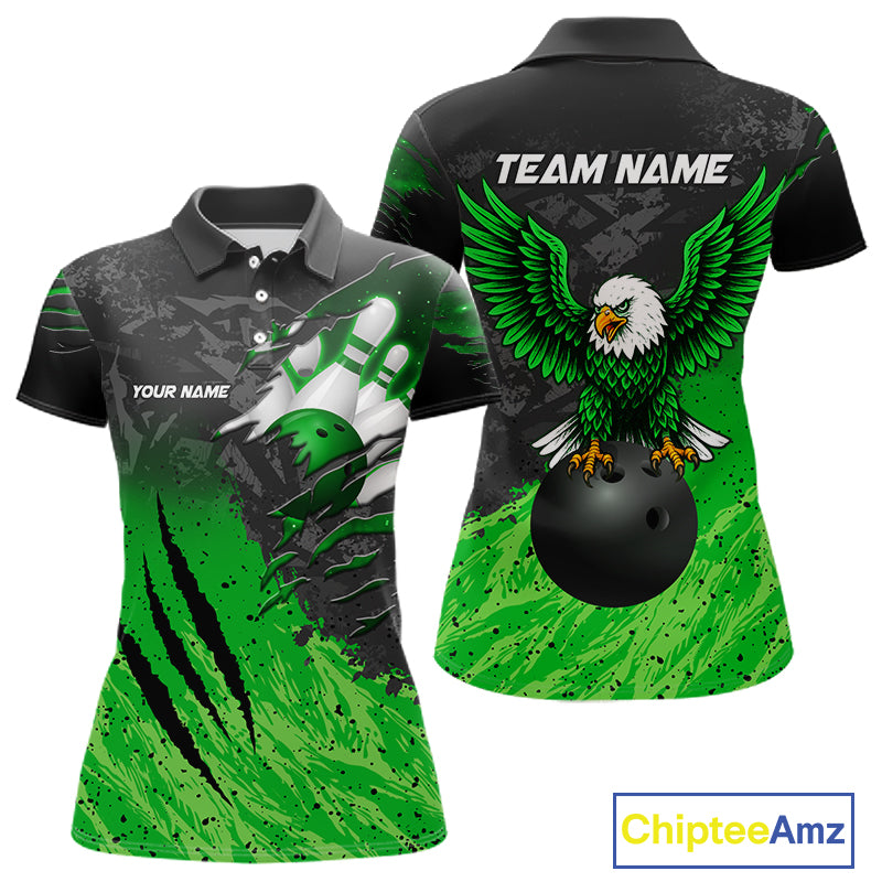 Personalized black and green eagle bowling team jersey polo shirt for women featuring a fierce eagle design, premium custom bowling league apparel for tournaments, league play and competitive bowling teams.