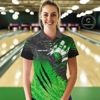 Woman wearing personalized black and green eagle bowling team jersey polo shirt featuring black and green eagle artwork, front view.