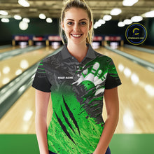 Load image into Gallery viewer, Woman wearing personalized black and green eagle bowling team jersey polo shirt featuring black and green eagle artwork, front view.