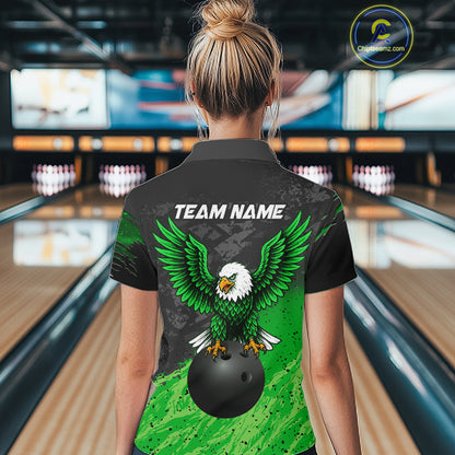 Woman wearing personalized black and green eagle bowling team jersey quarter zip shirt featuring black and green eagle artwork, front view.