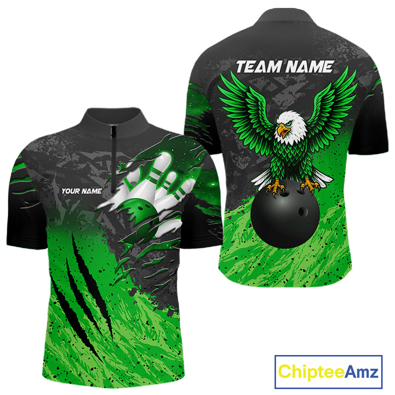 Personalized black and green eagle bowling team jersey polo shirt for men featuring a fierce eagle design, premium custom bowling league apparel for tournaments, league play and competitive bowling teams.