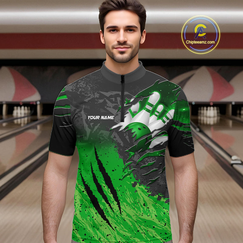 Man wearing personalized black and green eagle bowling team jersey polo shirt featuring black and green eagle artwork, back view.