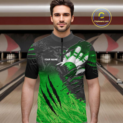 Man wearing personalized black and green eagle bowling team jersey polo shirt featuring black and green eagle artwork, back view.