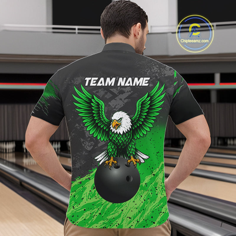 Man wearing personalized black and green eagle bowling team jersey quarter zip shirt featuring black and green eagle artwork, front view.