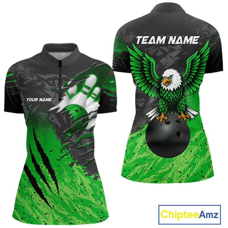 Personalized black and green eagle bowling team jersey quarter zip shirt for women featuring detailed eagle artwork, premium custom bowling league apparel for league competition and tournament play.
