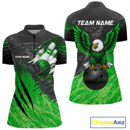 Personalized black and green eagle bowling team jersey quarter zip shirt for women featuring detailed eagle artwork, premium custom bowling league apparel for league competition and tournament play.