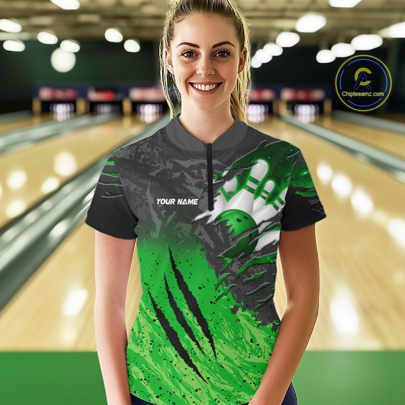 Woman wearing personalized black and green eagle bowling team jersey polo shirt featuring black and green eagle artwork, back view.