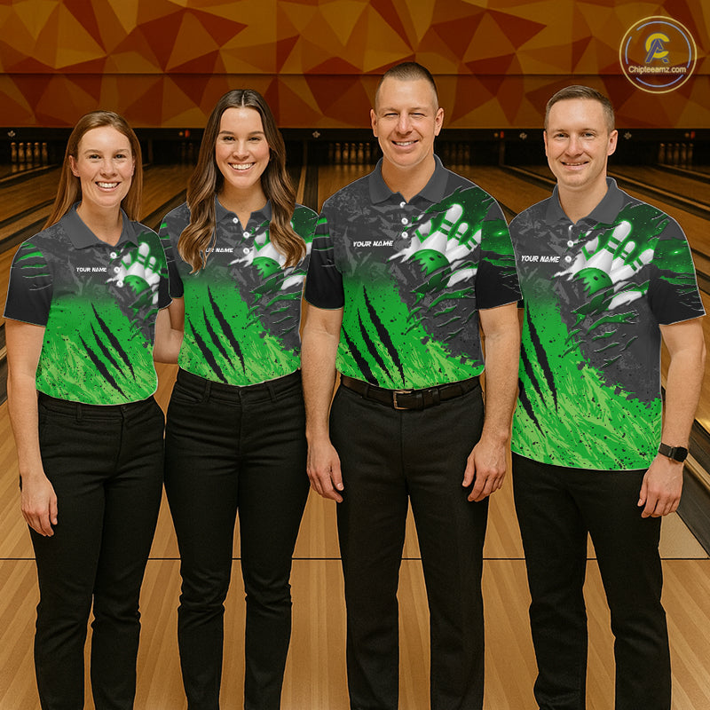 Man wearing personalized black and green eagle bowling team jersey quarter zip shirt featuring black and green eagle artwork, back view.