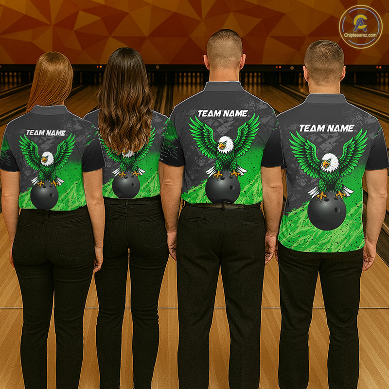 Bowling team wearing matching personalized black and green eagle bowling team jerseys featuring premium eagle graphics, front view.