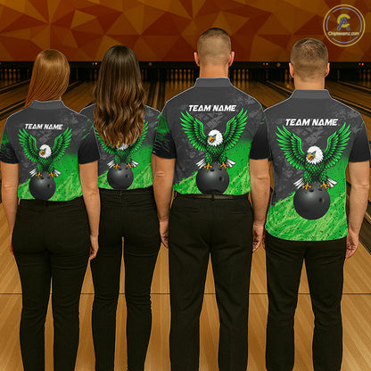 Bowling team wearing matching personalized black and green eagle bowling team jerseys featuring premium eagle graphics, front view.