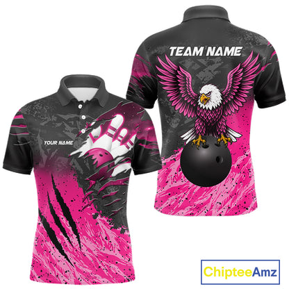 Personalized pink and black eagle bowling team jersey polo shirt for men featuring a bold eagle design, premium custom bowling league apparel for tournaments, league nights and competitive bowling teams.